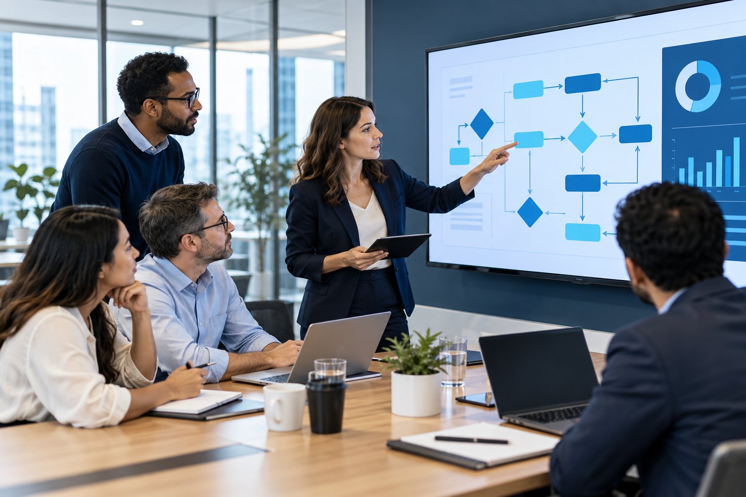 ERP consultants and business professionals reviewing connected workflows